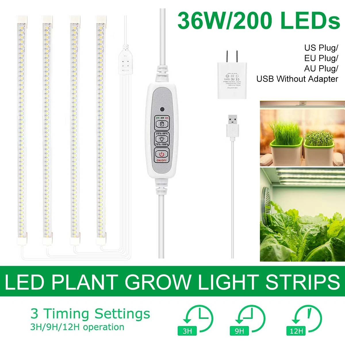 4pcs LED Grow Light Strips Full Spectrum Timer Warm White Led Bars For Plants Phyto Lamp