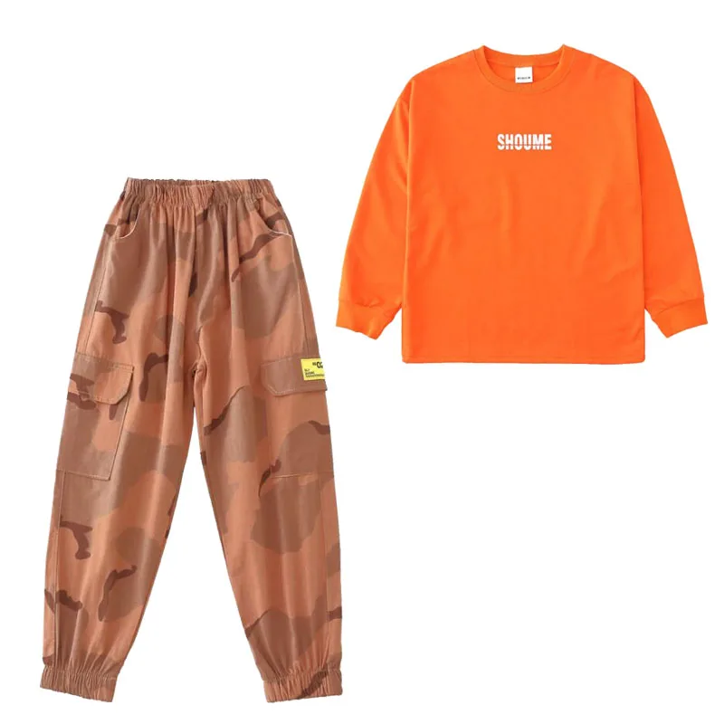 2 pcs set Одежда для танцев в стиле джаз и хип-хоп для мальчиков и девочек; оранжевый Камуфляжный костюм для детей и взрослых; Современные вечерние комплекты одежды; жилет с капюшоном и штаны - Цвет: 2 pcs set