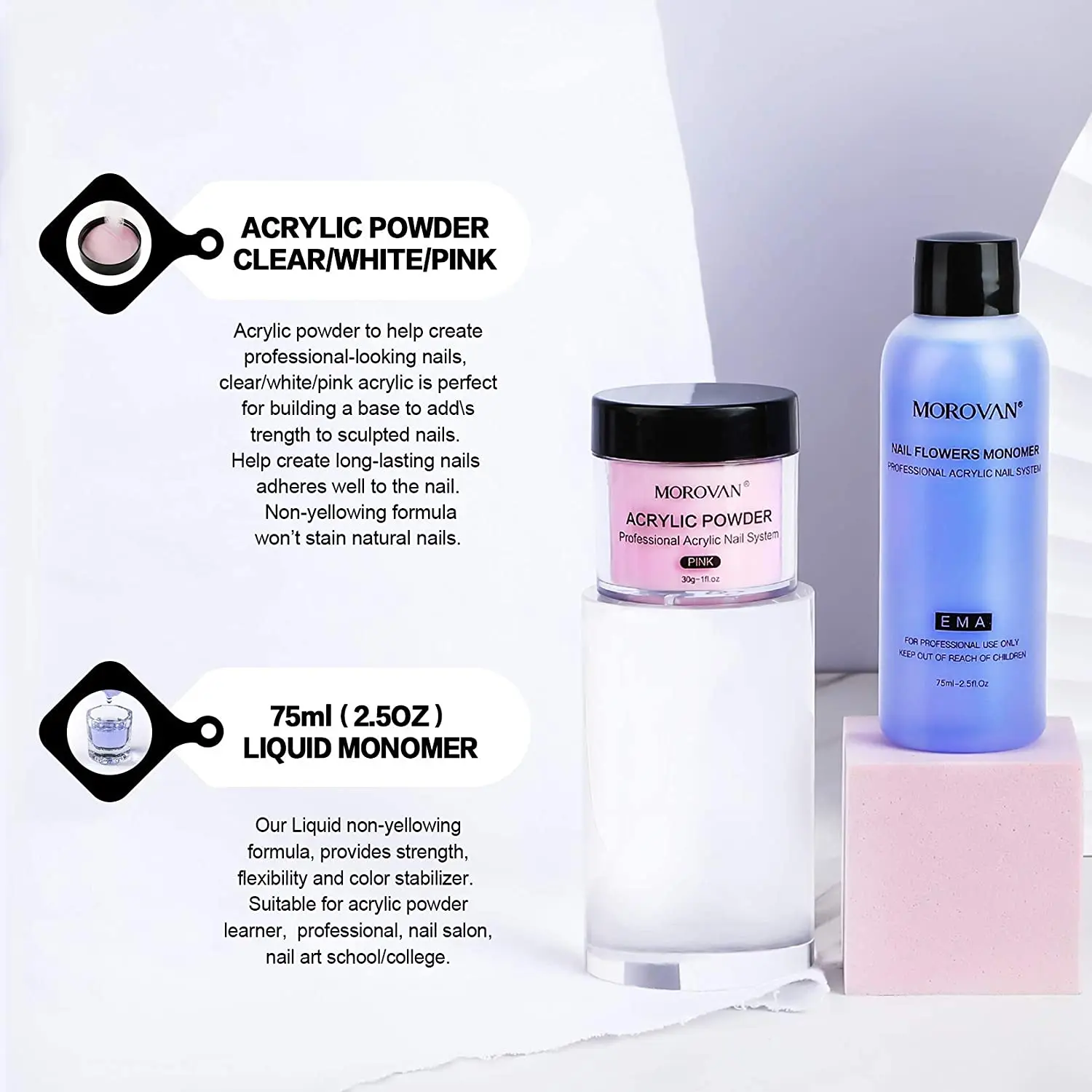 Professional Liquid Monomer and Acrylic Powder Set for Nail Extension Carving-with Pink White Clear Colors Acrylic Nail Powder