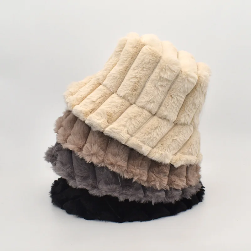 

Oloey Autumn And Winter Fashion New Women Plush Bucket Hat Warm Striped Solid Basic Outdoor Caps Casual Big Brim Fisherman Hats