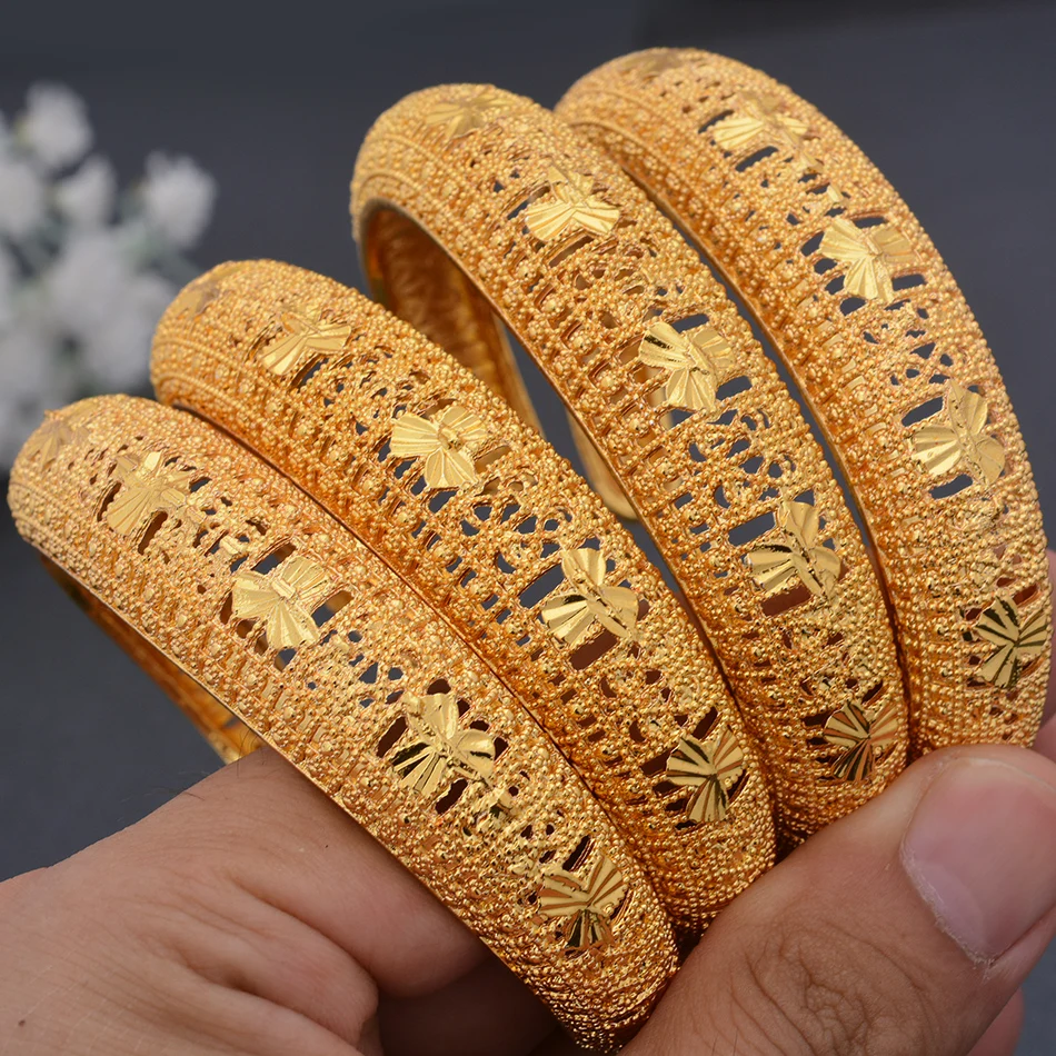 

4Pcs/Set Trendy Dubai African Gold Color Cuff Bangles For Women Girls Wife Arab Bracelet&Bangles Jewelry Holiday Gift