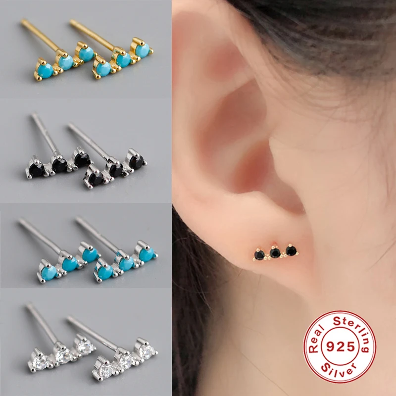 GS Real 925 Sterling Silver Blue Turquoise Zircon Strip Geometric Bar Stud Earrings for Women Bohemian Pendientes Jewelry | Украшения и