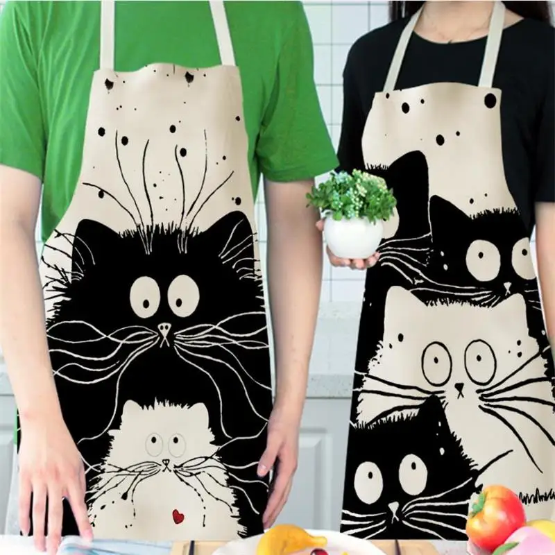 VIERUODIS Kitchen Cooking Apron Cute Cartoon Cat Printed Sleeveless Funny Cotton Linen Apron Man Woman Baking Clean Home Tools