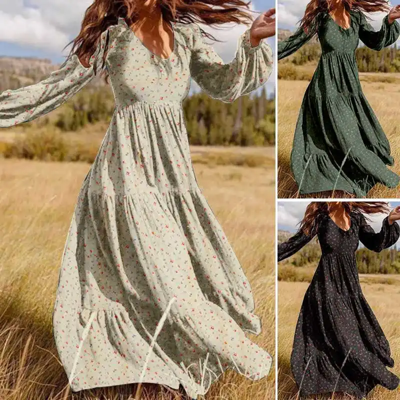 

Women's Autumn Sundress ZANZEA 2020 Fashion Ruffle Maxi Dress Floral Print Robe Casual Puff Sleeve Tunic Vestidos Plus Size 5XL
