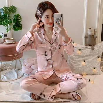 

Long Sleeve Sleepwear Womens Silk Satin Pajamas Pyjamas Set Pijama Pajamas Suit Female Sleep Two Piece Set Loungewear Plus Size