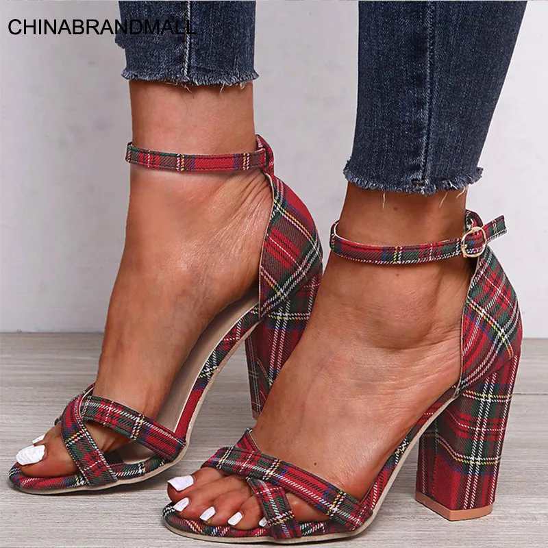 

Women Sandals Ankle Buckle Strap Summer Pumps Woman Gingham Open Toe Shoes Plus Size Ladies High Square Heel Female Fashion