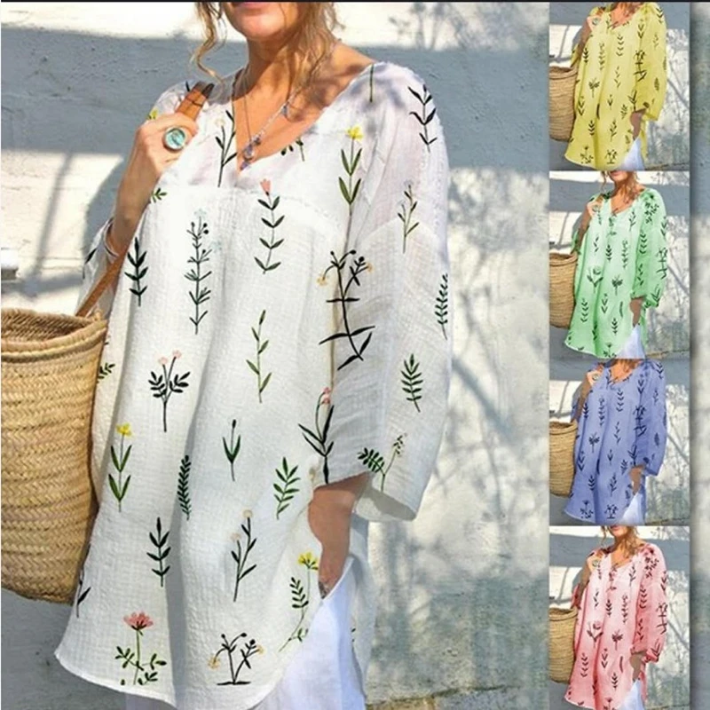 Autumn V-neck print loose mid-length shirt large size female |