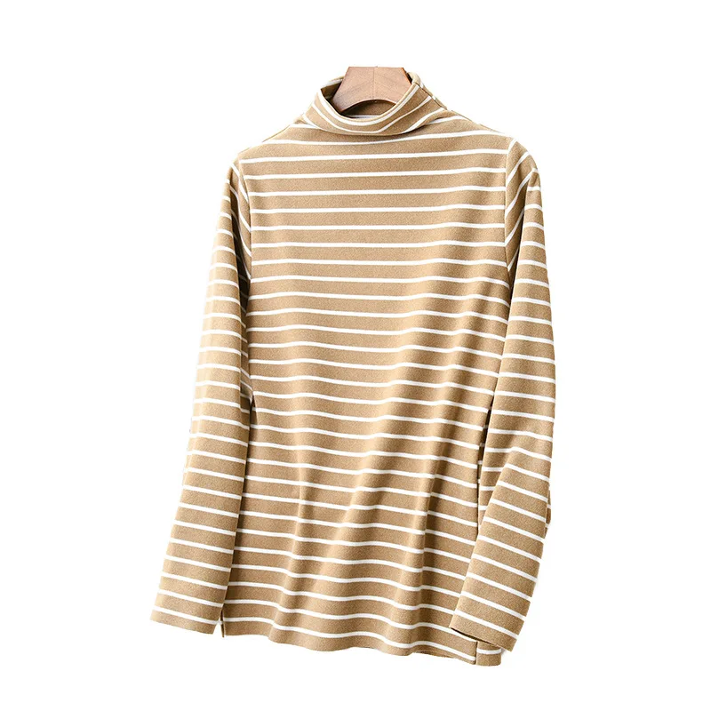 

Women T-shirt Turtleneck Striped Full Sleeve Stretch Top Basic Drop Shoulder Undershirt Basic Perfect Pullover Warm Winter M-2XL