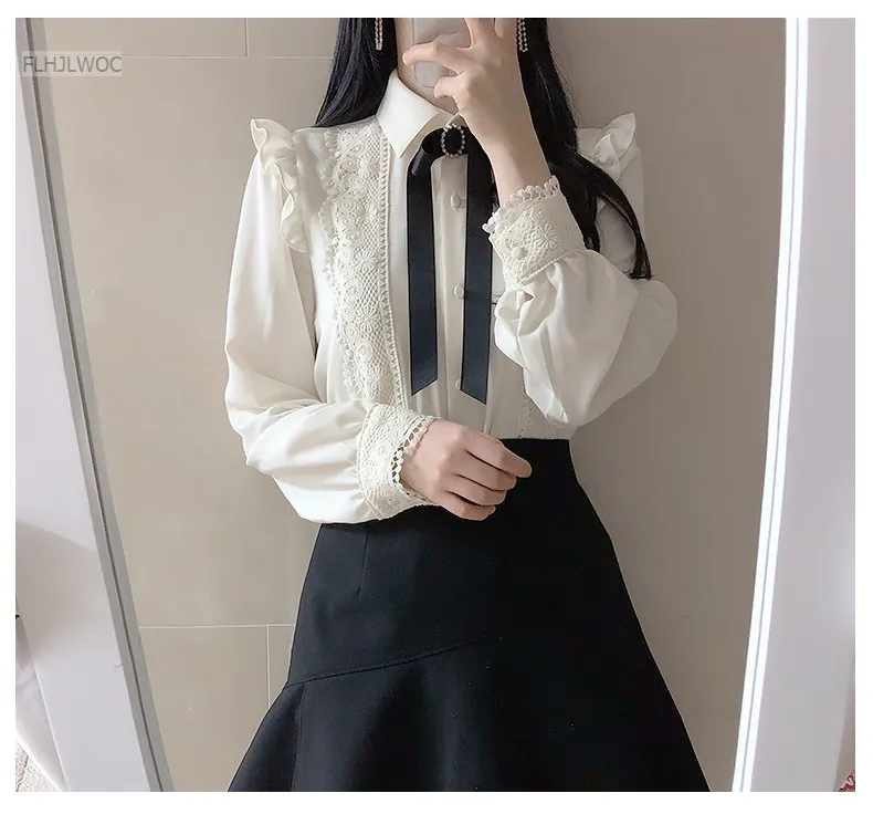 Ruffled Autumn Spring Basic Office Lady Work Wear Women Single Breasted Button Solid Peter Pan Collar Top White Shirts Blouses