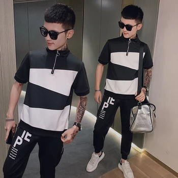 

Heren Kleding Stitching Contrast Color Short-sleeved T-shirt Trousers Suit Spring And Summer New Social Style Men's Trousers