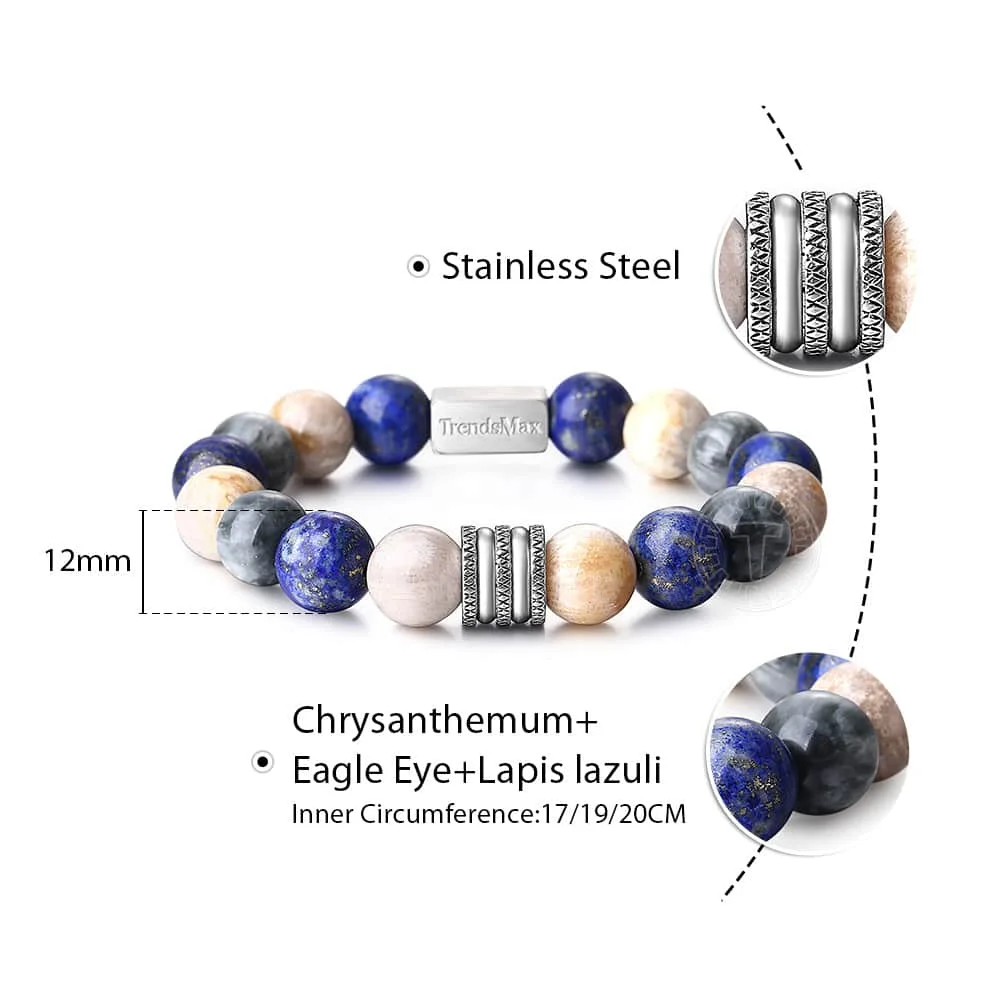 12 мм 925 пробы серебряный браслет с подвеской из бисера для мужчин и женщин Хризантема лазурит Орлиный глаз камень Йога ювелирные изделия tbb019 - Цвет камня: Stainless Steel