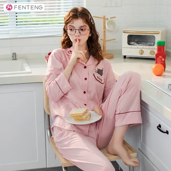 

FENTENG Autumn Winter Pajamas Women Set Causal Cotton Embroidery Lapel Loose Single-breasted Women's Home Clothes J98111928