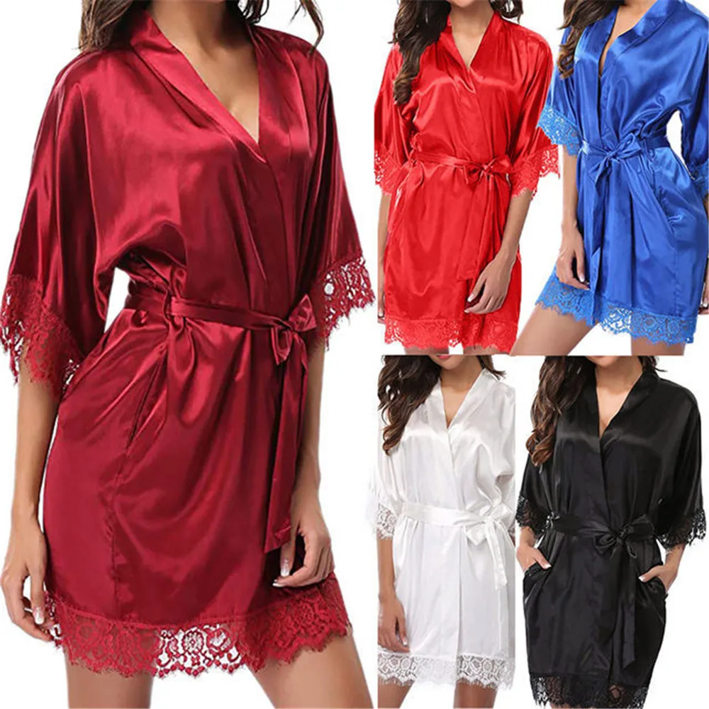 

New Hot Sexy Lingerie Plus Size Satin Lace Black Kimono Intimate Sleepwear Robe Sexy Night Gown Women Erotic Underwear
