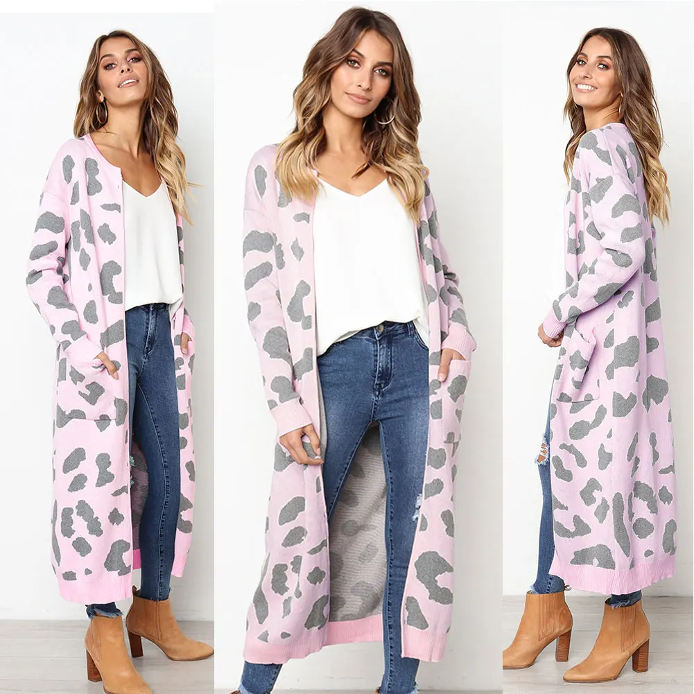 

Women Sweater Warm Knee Length Long Sleeve Fashion Soft Leopard Print Outwear Pocket Casual Polyester Knitted Loose Cardigans