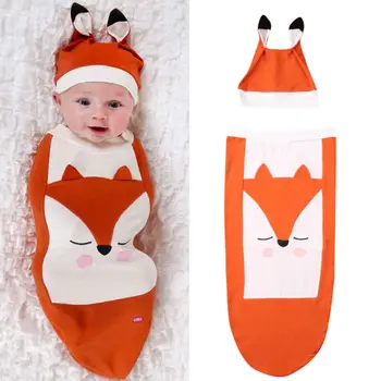 

2019 NEW 2PCS Infant Swaddle Muslin Blanket Newborn Baby Cartoon Wrap Swaddling Blanket with Hat Winter Warm
