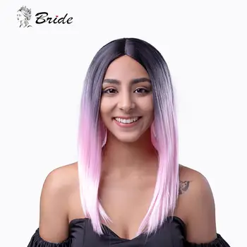 

BRIDE 16in Synthetic Wig Pink Ombre Bob Wig for Black Women Straight Heat Resistant Purple Cosplay Wig for Party Include Cap