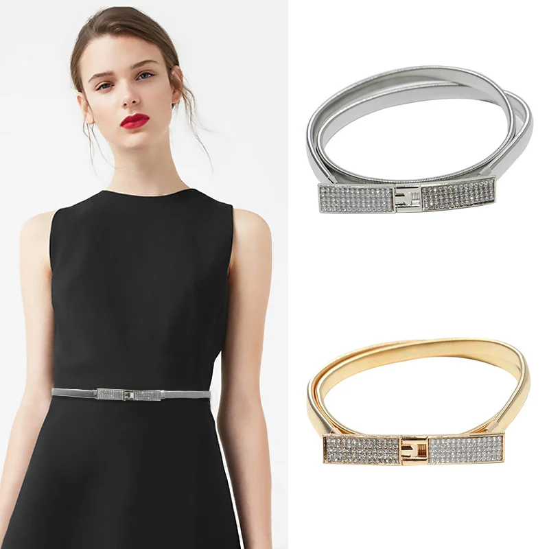 Cinturones elásticos para mujer cinturones de cintura de cadena de plata dorada cinturones de vestir de placa de Metal para mujer ceinture femme - Accesorios para ropa