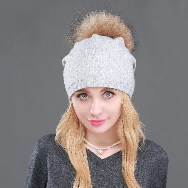 High Quality Women Dual layer Wool Knitted hats with big Real Fur Pompoms Warm Slouchy beanies hat ladies Fashion Skullies - Цвет: light gray