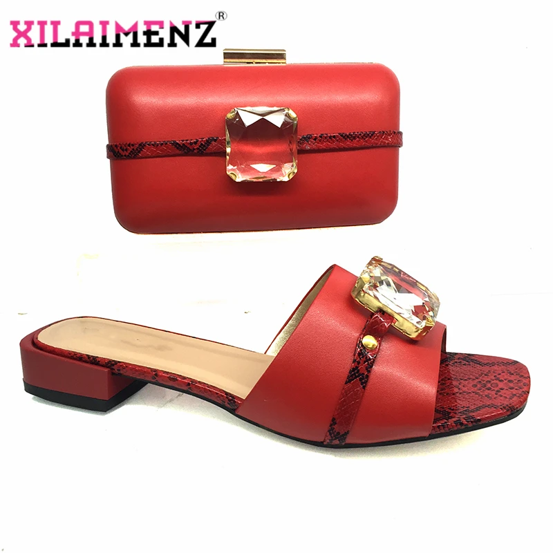 

Red Color Wedding Nigerian Women Shoes and Bag Set Chinese Style Wedding Party Matching Shoes and Bag Set with Crystal