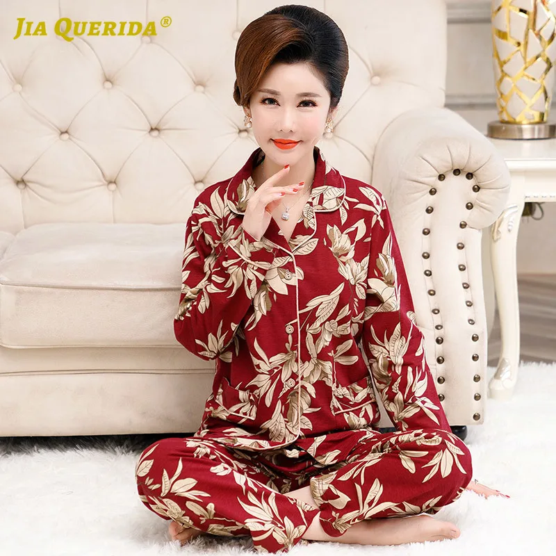 Turn Down Collar Homesuit Homeclothes Long Sleeve Long Pants Printing Pajamas Sleepwear Pajamas Set Pj Set Pajamas for Women