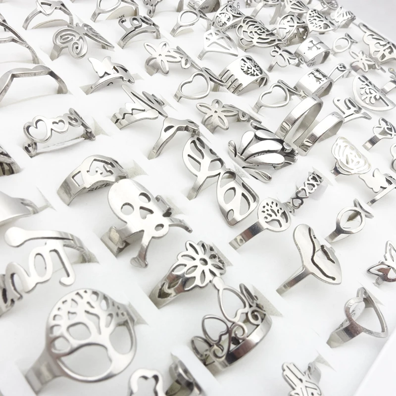 MIXMAX Wholesale 50pcs/Lot Men Womens Stainless Steel Rnigs Laser Cut Patterns Mix Styles Fashion Jewelry Party Silver Color | Украшения и