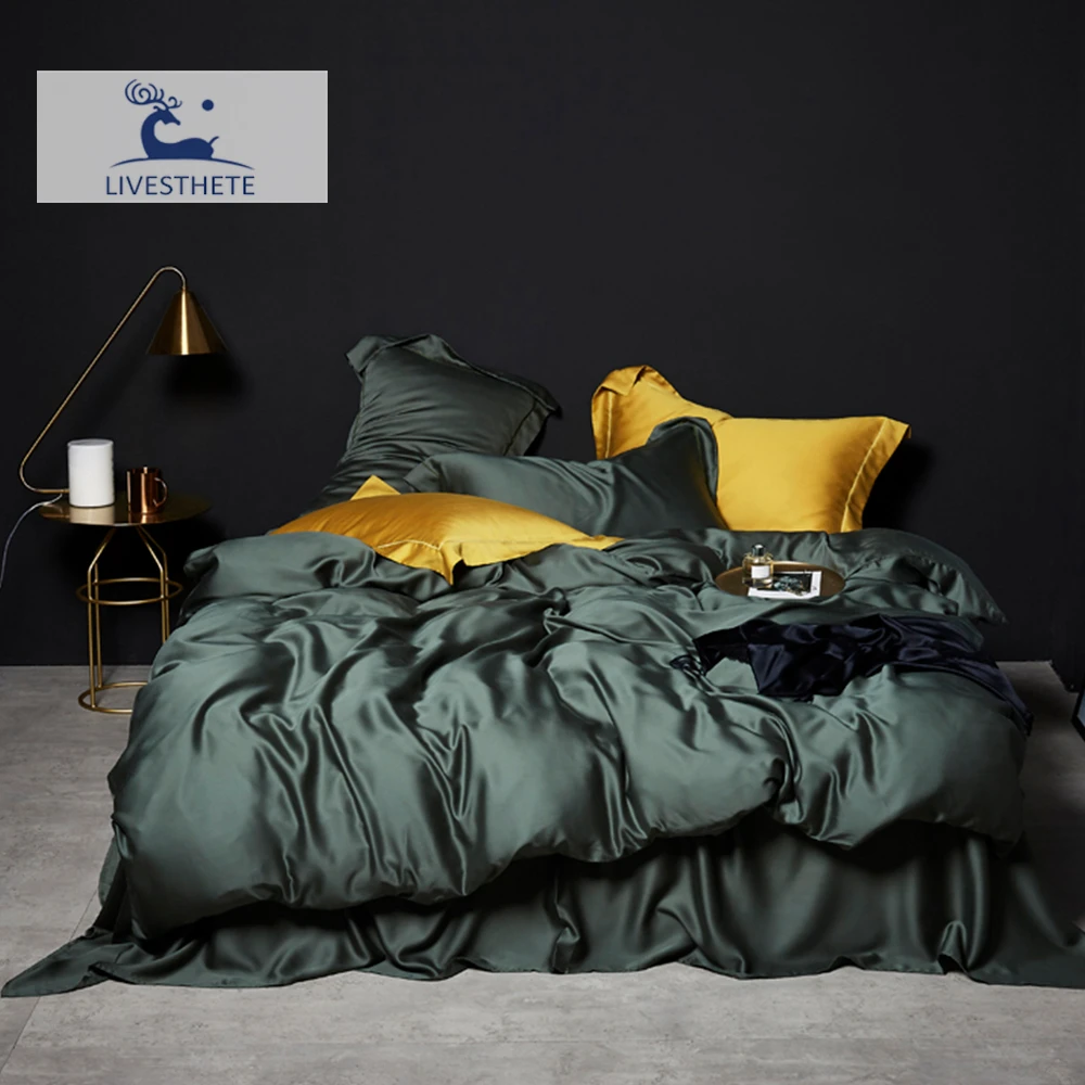 Liv-Esthete Dark Green 100% Silk Bedding Set Healthy Pure Silk Luxury Queen King Duvet Cover Flat Sheet Pillowcase Bed Linen Set