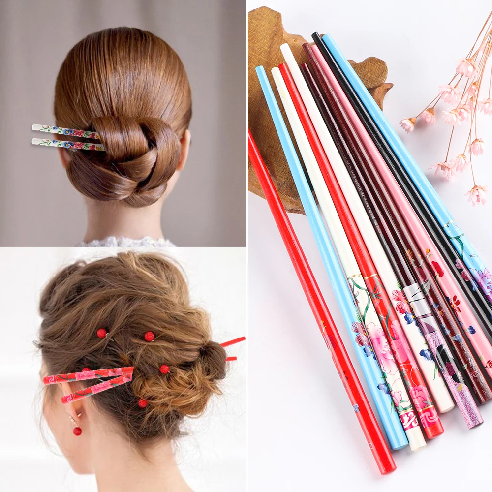 

2Pcs Hand-carved Hair Stick Vintage Painting hairpin Colorful Natural wood Retro Style Hairpin Women Chopstick Hair Stick
