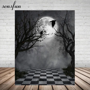 

Sensfun Halloween Day Theme Backdrops For Photo Studio Black Misty Crow Dead tree Round Moon Night Photography Backgrounds