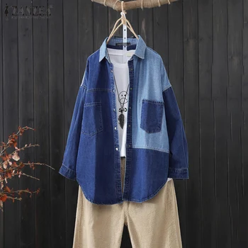 

ZANZEA Women's Blouse 2020 Vintage Patchwork Pockets Tunic Denim Blue Buttons Down Shirts Cotton Linen Blusas Femininas Oversize