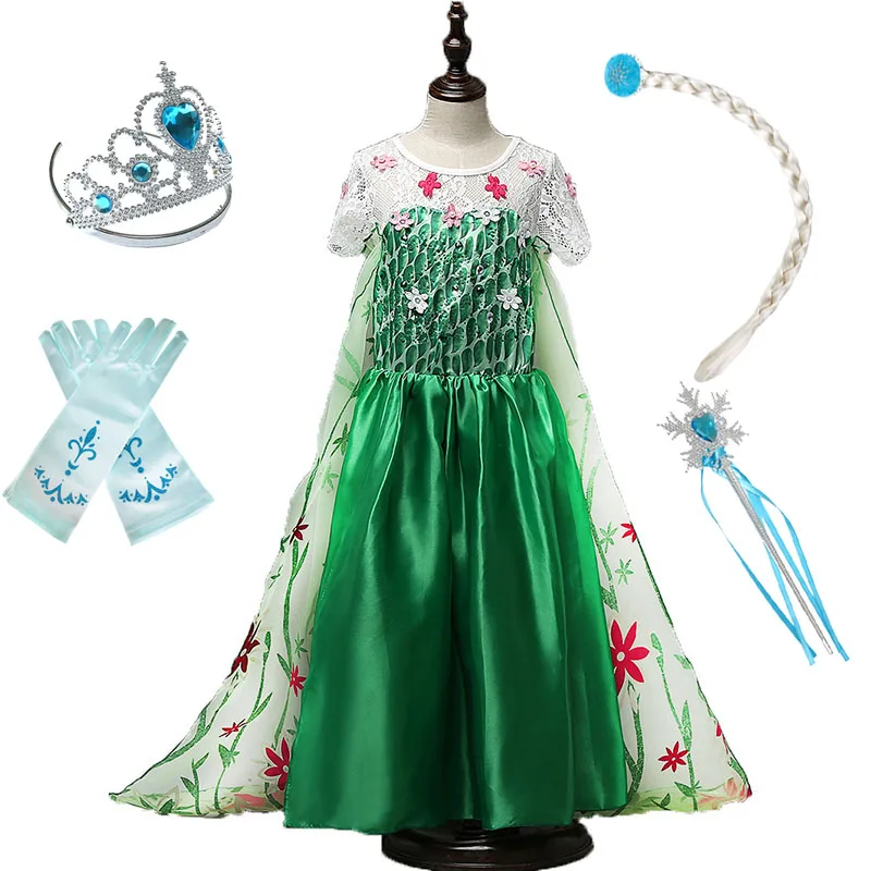 Girl Princess Dress Cosplay Elsa Costume Fancy Dress Kid Halloween Carnival Snow Queen Elza Clothing Party Blue Dress Girls Gift - Color: Elsa Set 4