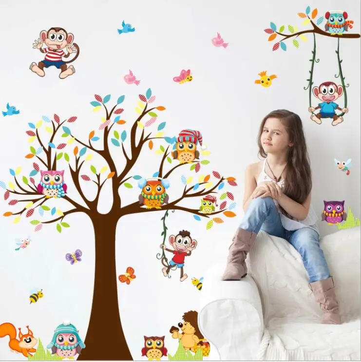 Colorful Wall Sticker Squirrel Forest Animal Monkey Owls Tree Mural Decal Kids Home Decor | Дом и сад