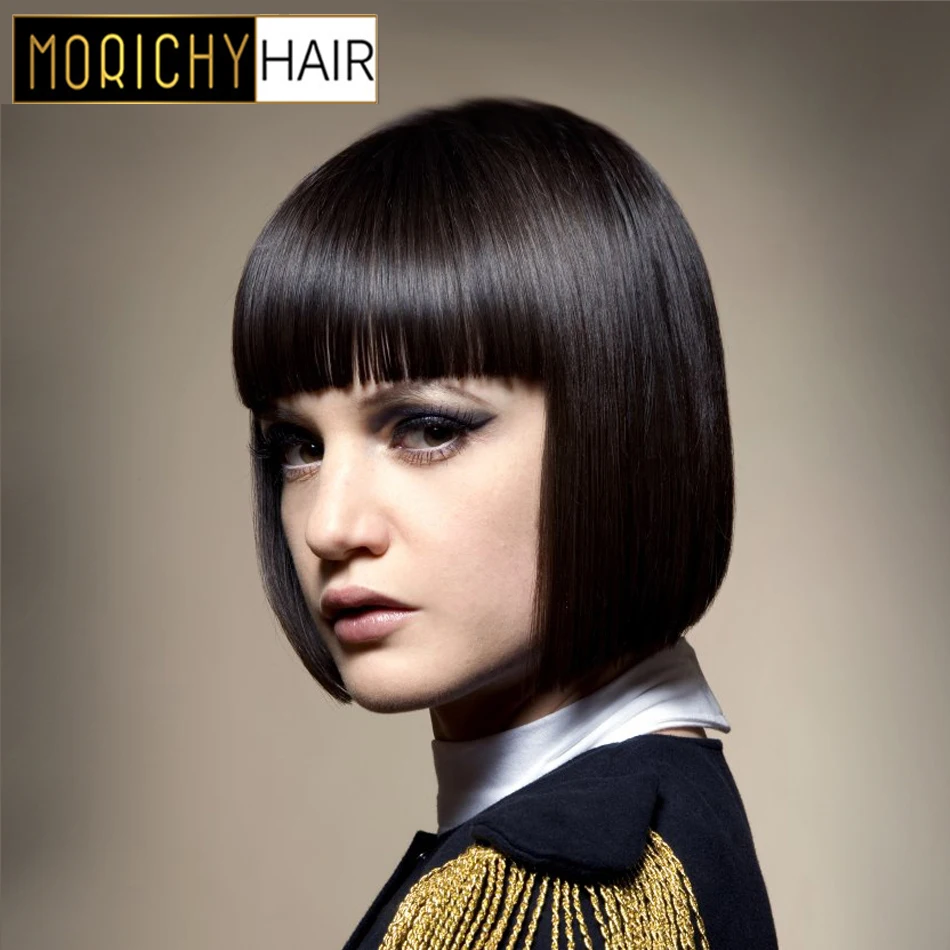 

Morichy Straight Short Bobs Wigs Brazilian Non-Remy Human Hair Full Machine Wigs Made Natural Color with Bangs Glueless Wigs