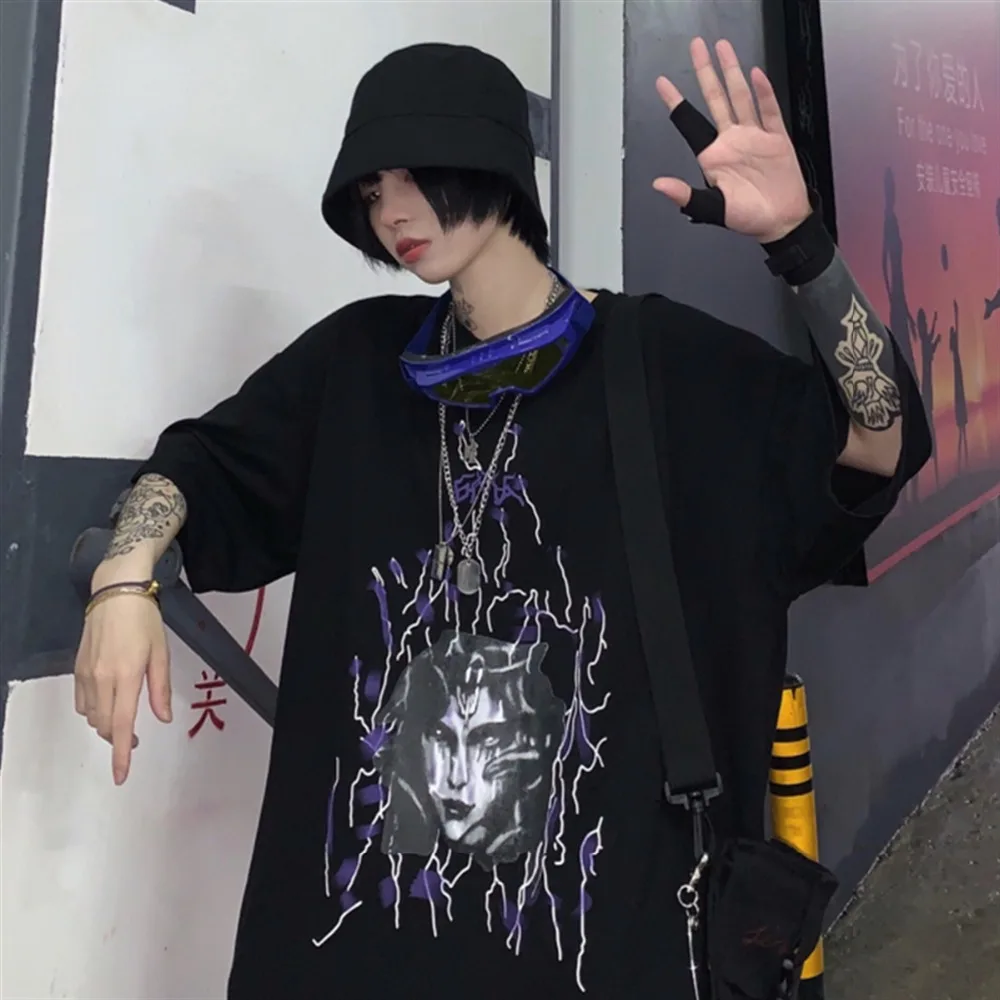 Harajuku Darkness, женские футболки, винтажные, с рисунком молнии, с круглым вырезом, с коротким рукавом, черные, повседневные футболки, футболка с готическим рисунком, топы