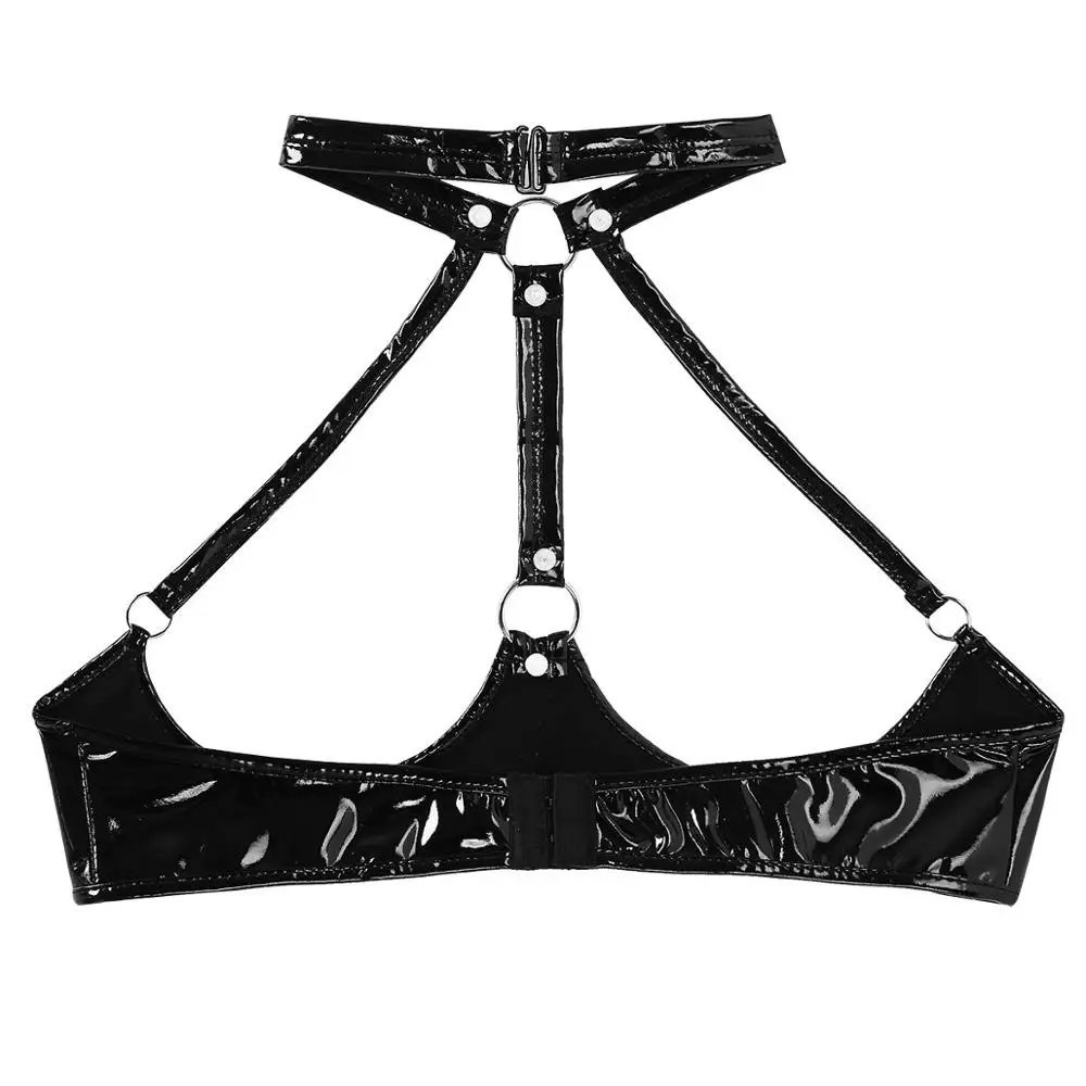 Women Bra Porno Open Cup Latex Lingerie Sexy Halter Backless Wire-free Unlined Bralette Vest Wet Look Patent Leather Bustier Top Erotic Lingerie