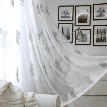 

White-grey Banyan Leaves Embroidery Window Sheer Tulle Drapes Nordic Style Screens Curtains Yarn Voile For Living Room