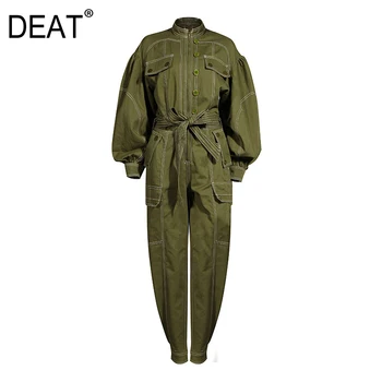 

[DEAT] Full Length Women Green Pocket Split Long Jumpsuit New High Waist Pocket Stitch Pants Fashion Autumn 2021 1DA244