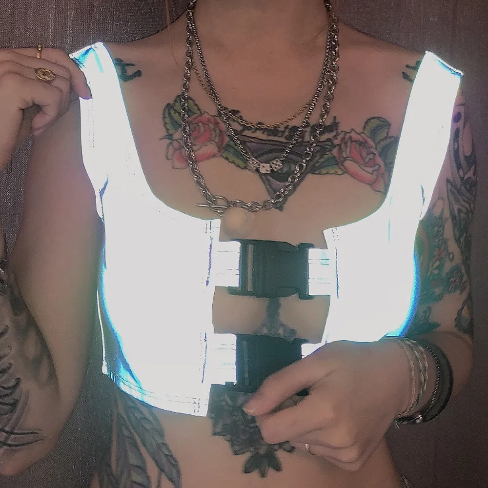 

crop top women bustier camisole glow in the dark sexy hollow out bookbag buckle reflective vest glitter tank top shirt WT1734292