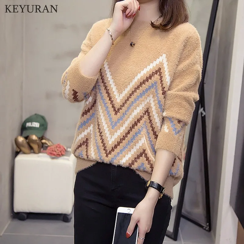 

Fake Mink Cashmere Warm Sweater Fashion Casual Women's Clothing Female Long Sleeved Loose Knitted Sweater Women Soft Pullovers