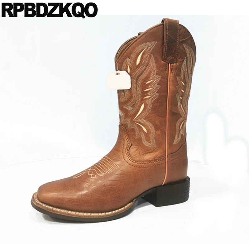 Botas de media caña para mujer, zapatos bordados Vintage, gruesos y anchos,  con punta cuadrada, estilo occidental europeo, Cowboy - AliExpress Calzado