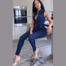 Solid Color Elastic Denim Jumpsuit Women Summer Button Lapel Sleeveless Office Jeans Fashion Street Casual Jumpsuit Lady Vestido