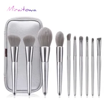 Miraitowa luxo prateado pincéis de maquiagem conjunto cosméticos pó fundação contorno sombra maquiagem ferramenta beleza + couro caso(China)