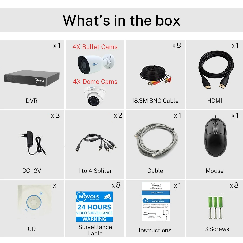  Movols 5MP Video Surveillance System 8CH H.265 DVR Set 4pcs Bullet 4pcs Dome Security Camera Indoor - 4.00016E+12