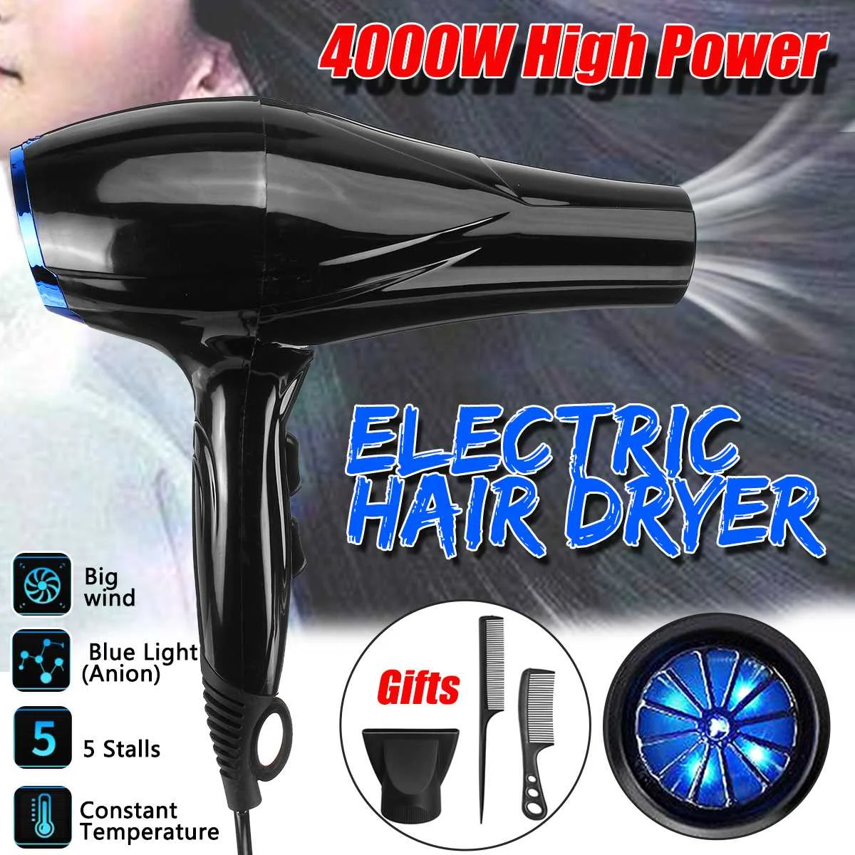 

AUGIENB 220v 4000W Professional Household Blue Light Anion Electric Hair Dryer Constant Temperature Blower Salon Hairdryer