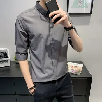 

2020 Spring And Summer New Youth Popular Slim Solid Color Single-breasted Five-point Sleeve Shirt Fashion Casual Top M-3XL