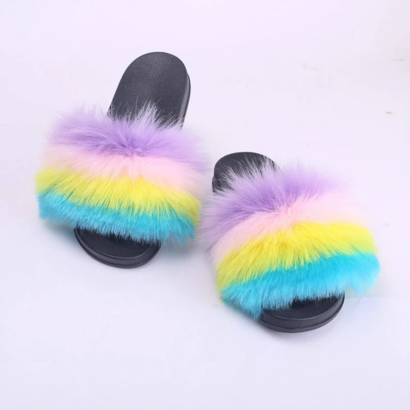 

New Fur Slippers Flat Home Slippers Female Furry Plush Fox Hair Slides Ladies Winter Warm Casual House Shoes Fashion Size 3-12