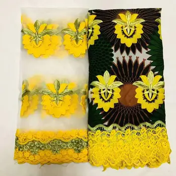 

Luxury African print wax lace fabric for dress with 2yards of French tulle net lace material for head wear WLN77