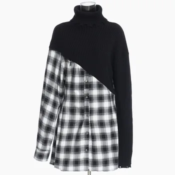 

Fake Two Pieces Patchwork Off Shoulder Knitted Sweater Women Loose Long Sleeve Tops Turtleneck Female Jumper Zipper Pullover