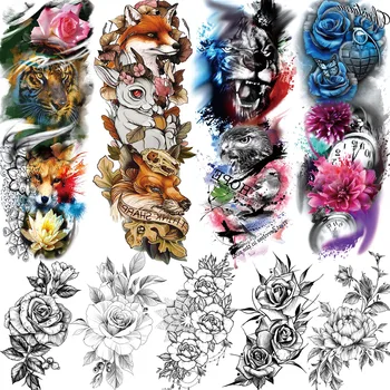 

Colorful Tiger Wolf Flower Temporary Tattoos Sleeve For Women Realistic Fake Rose Peony Tattoo Full Arm Creative Party Supplies