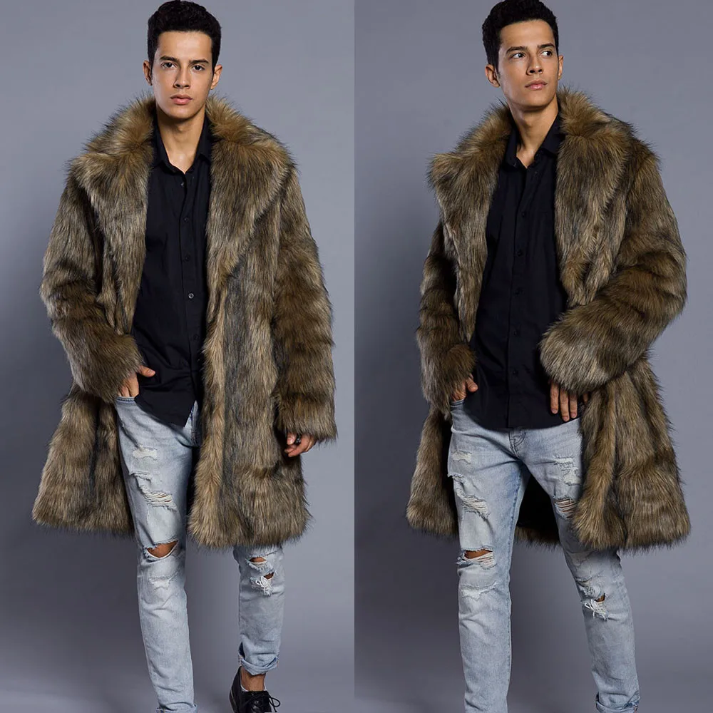 

Men Fur Coat Winter Faux Fur Outwear On One Sides Coat Mens Punk Parka Jackets Long Leather Overcoats Genuine Fur Brand Clothing