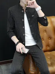 Мужская одежда Летний костюм мужской Молодежный корейский саморазвитие тренд стилист волос полосатый Повседневный полосатый маленький
